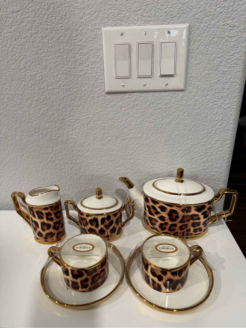 Leopard Print Porcelain Tea Set with Gold Accents - Cream and Brown